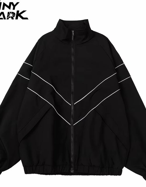 Load image into Gallery viewer, Men Hip Hop Streetwear Reflective Striped Jacket Coat Zipper up Jacket Windbreaker Harajuku Thin Jacket Sports Black Blue

