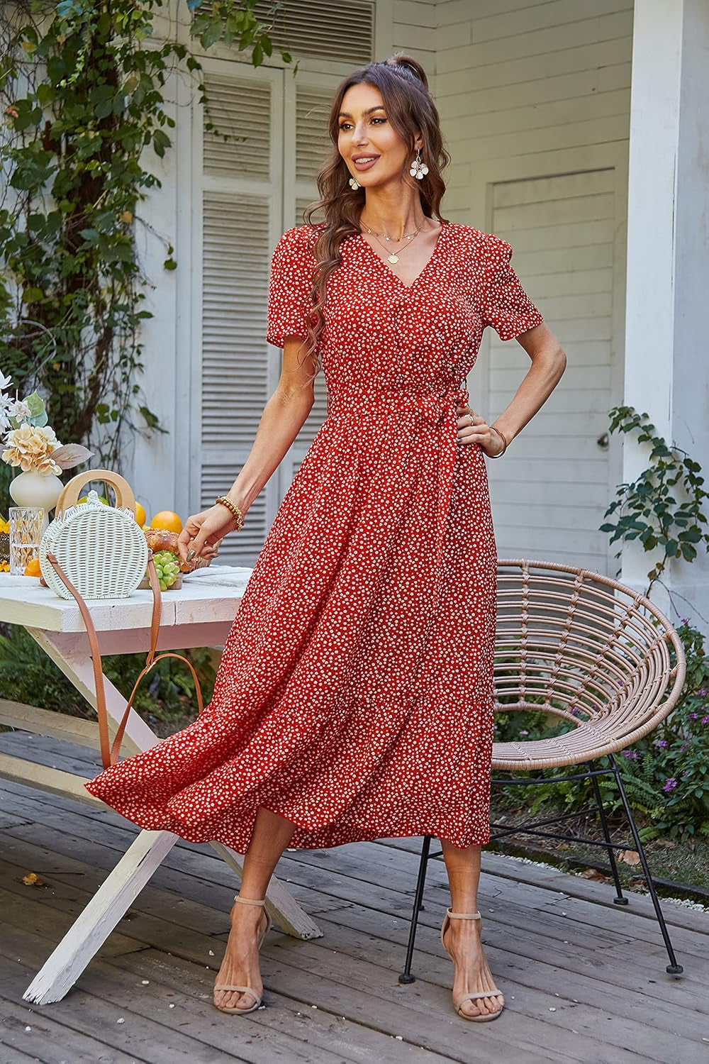 Women'S Floral Summer Dress Wrap V Neck Short Sleeve Belted Ruffle Hem A-Line Bohemian Maxi Dresses